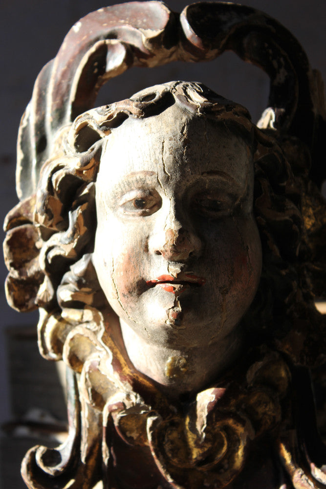 A Fine Early 18thC Polychrome Painted Cherub Head Mask