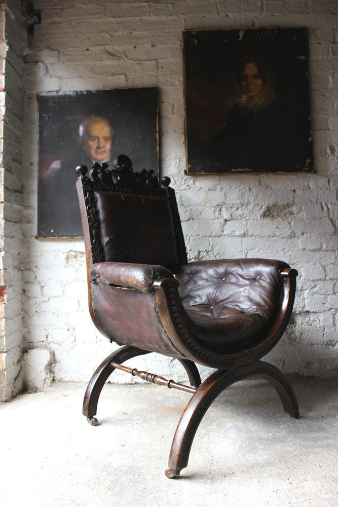 A Good 19thC Carved Oak & Leather Upholstered Savonarola Armchair
