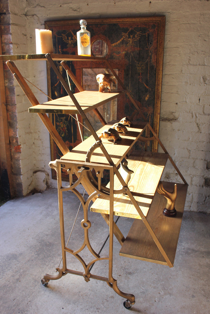 A Good Set of Cast-Iron & Pine Shop Display Metamorphic Table Shelves