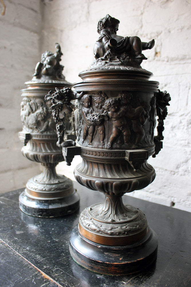 A Good Pair of Napoleon III Bronze Urns with Covers After Claude Michel Clodion c.1870