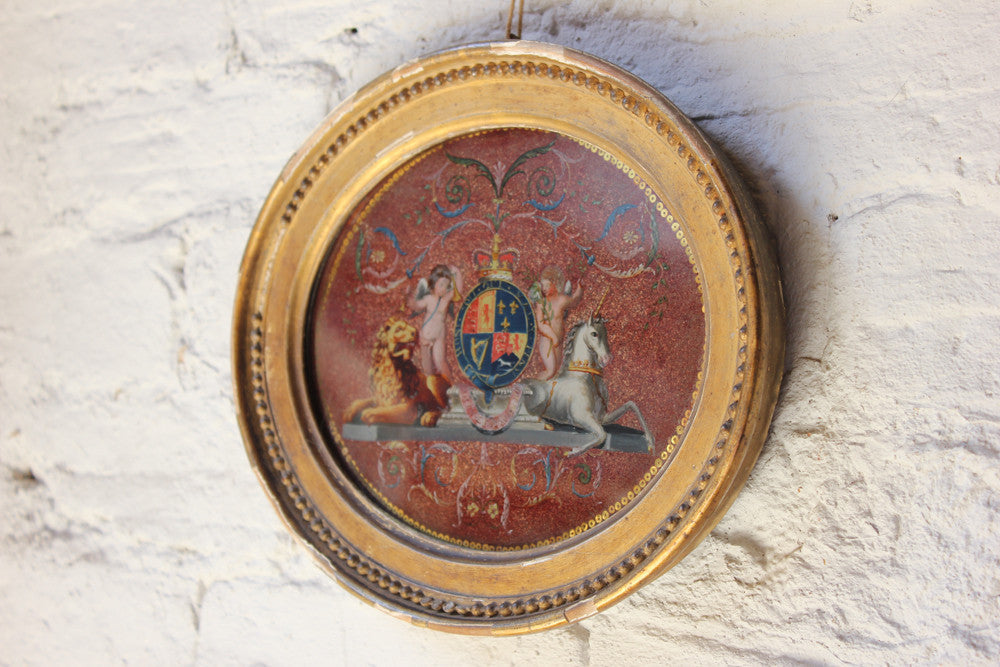 A Fine Mid 18thC Period Reverse Glass Picture of the Royal Coat of Arms