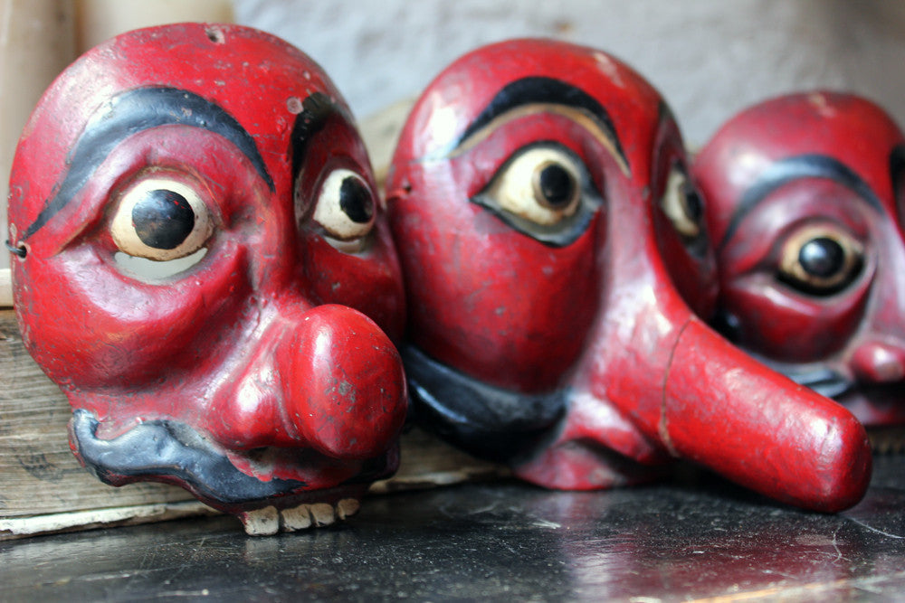 A Decorative Set of Three Early 20thC Indonesian Carved & Painted Hardwood Topeng Theatre Masks
