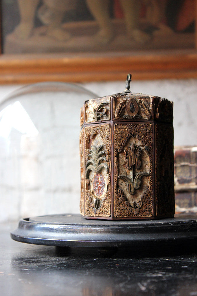 A Distressed George III Rolled Paper Filigree Octagonal Tea Caddy Under a 19thC Glass Dome