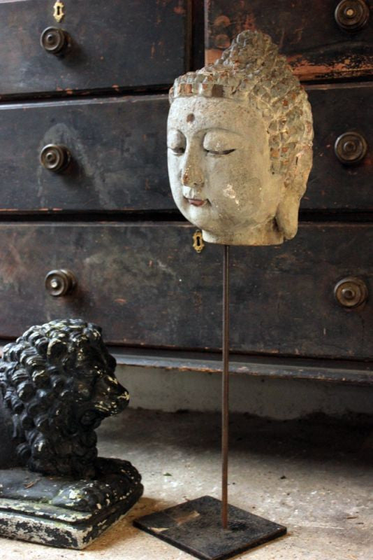 A Decorative 18thC Carved & Polychrome Painted Chen Sen Head of Buddha on Stand