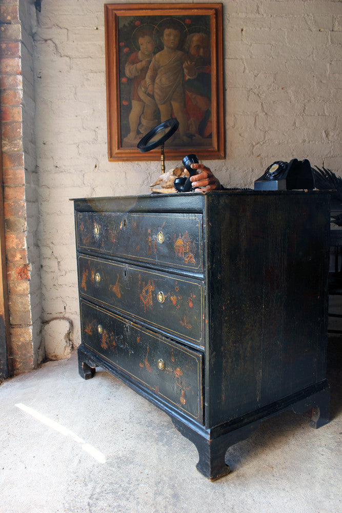 A Beautiful George III Black Japanned & Chinoiserie Decorated Chest of Drawers