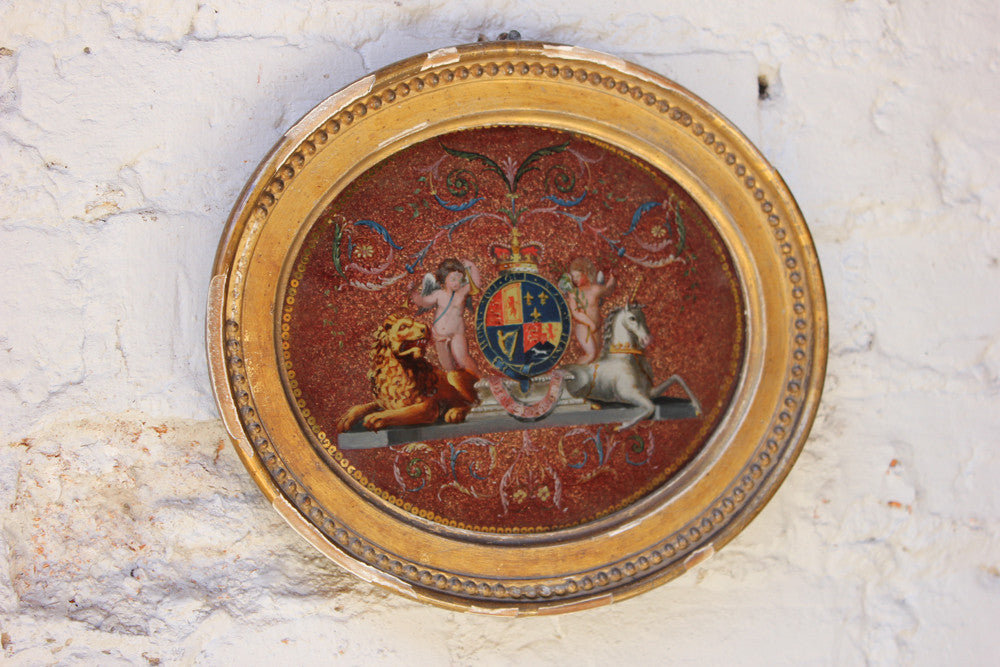 A Fine Mid 18thC Period Reverse Glass Picture of the Royal Coat of Arms