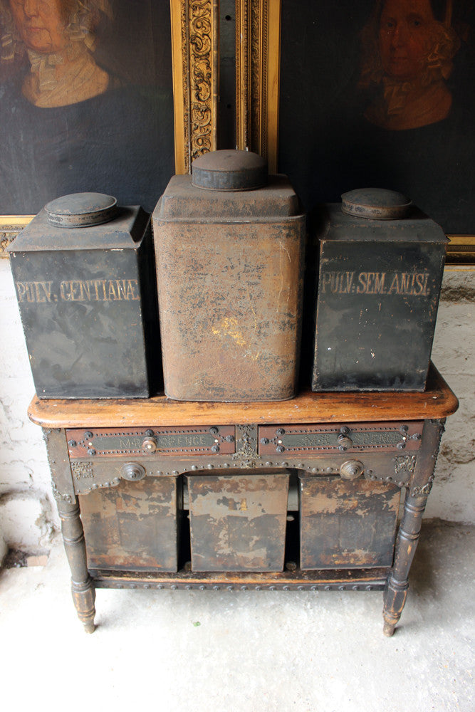A Decorative Set of Five 19thC Black-Painted Toleware Apothecary Canisters