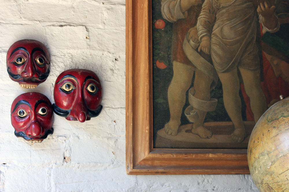 A Decorative Set of Three Early 20thC Indonesian Carved & Painted Hardwood Topeng Theatre Masks