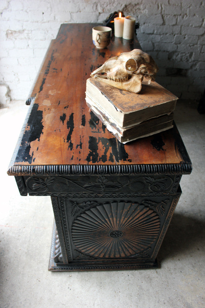 A Good Mid-19thC Anglo-Indian Carved & Ebonised Pedestal Sideboard From Devizes Castle, Wiltshire, England