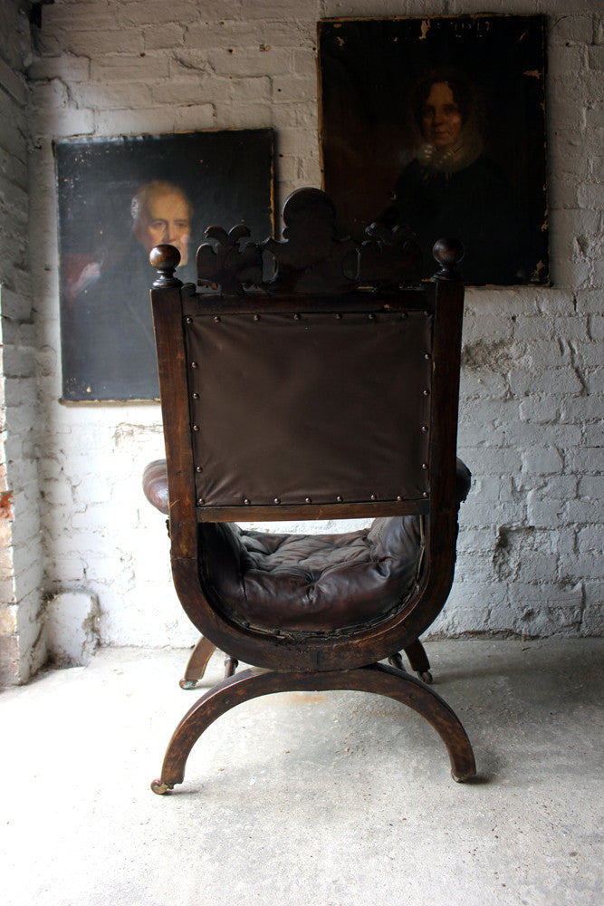 A Good 19thC Carved Oak & Leather Upholstered Savonarola Armchair