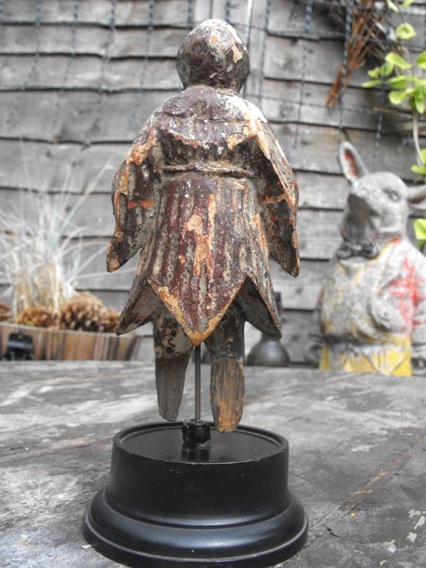 A Fine 17thC Wooden Carved & Polychromed Priest Figurine & Frog on Stand
