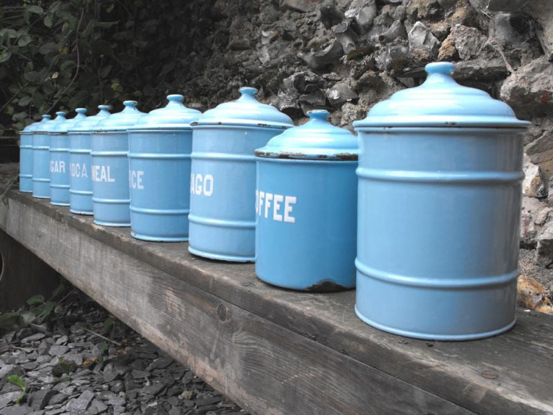 A Good Set of Nine Vintage Enamel Kitchen Storage Canisters