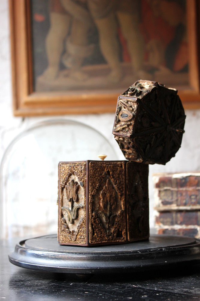 A Distressed George III Rolled Paper Filigree Octagonal Tea Caddy Under a 19thC Glass Dome