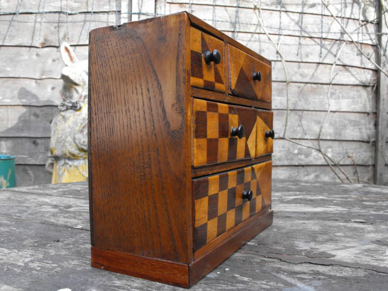 A Fun Early 20thC Miniature Ash & Parquetry Inlaid Chest of Drawers