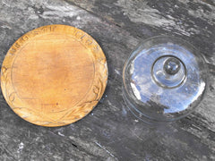 A Good 19thC Sycamore Carved Bread Board with Motto 'Waste Not' & Associated Glass Dome Cover