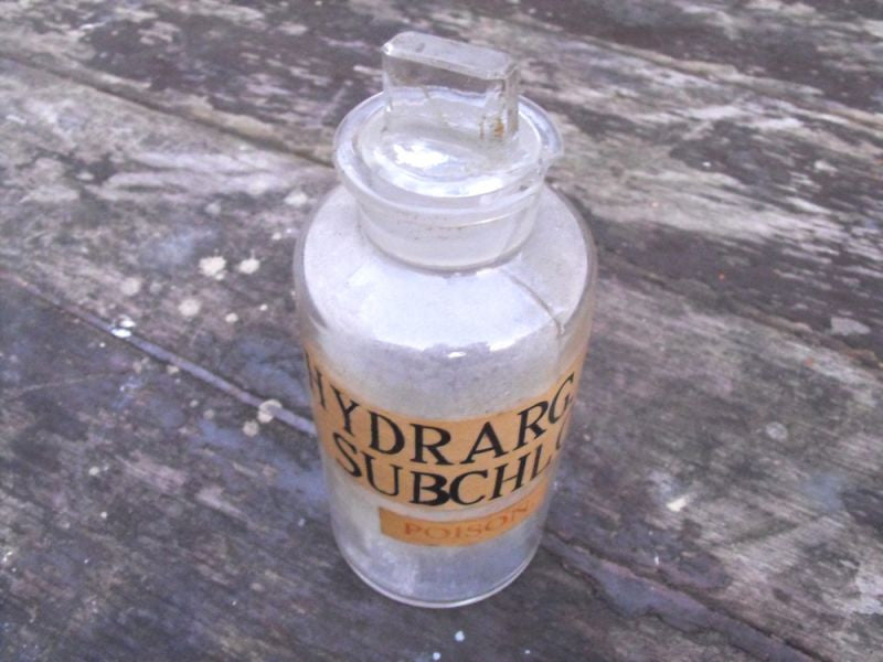 A Decorative Late 19thC Glass Apothecary Poison Bottle for Sub-Chloride of Mercury