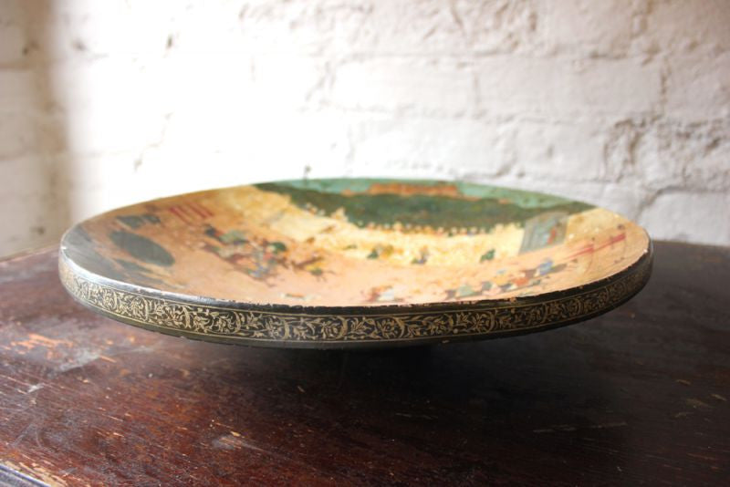 A Beautiful c.1900 Large Hand-Painted Polychrome Wooden Indian Bowl Depicting a Polo Match