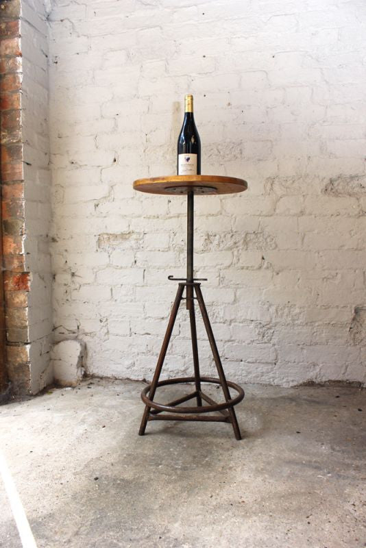 A Good Adjustable Mid 20thC Cast Iron & Pine Industrial Stool / Side Table