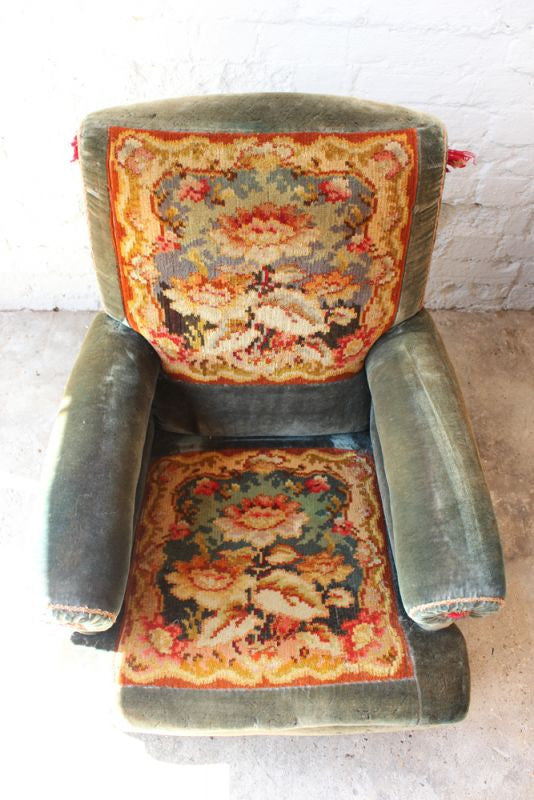 A Comfortable Early 20thC Carpet Upholstered Armchair