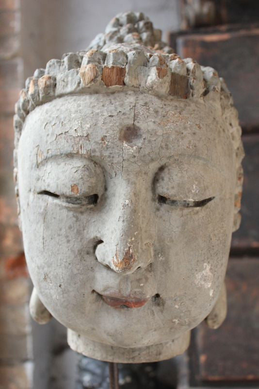 A Decorative 18thC Carved & Polychrome Painted Chen Sen Head of Buddha on Stand