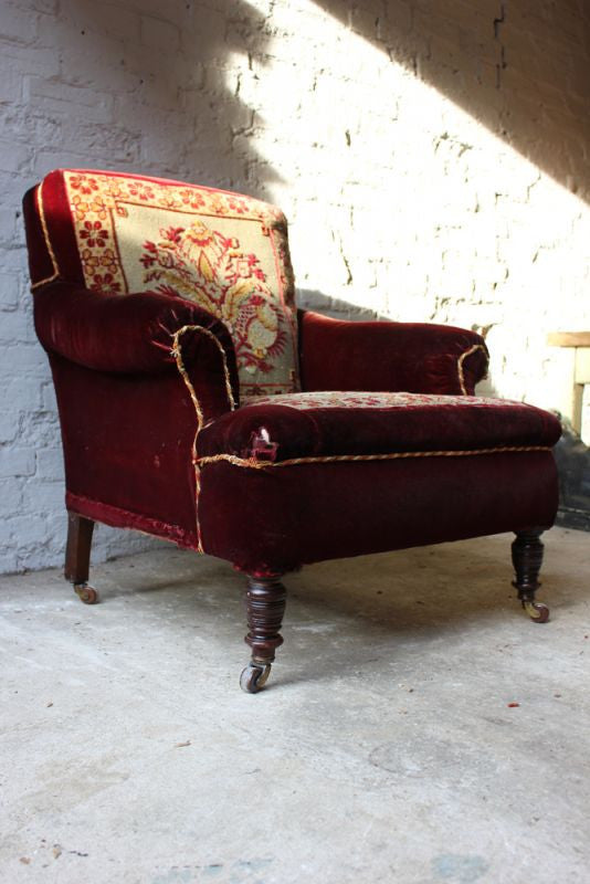 A Comfy Late 19thC Carpet Moquette Upholstered Armchair