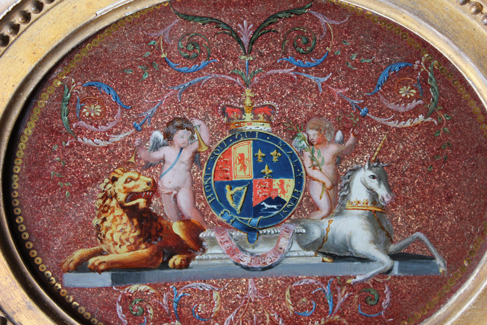 A Fine Mid 18thC Period Reverse Glass Picture of the Royal Coat of Arms
