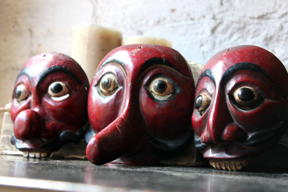 A Decorative Set of Three Early 20thC Indonesian Carved & Painted Hardwood Topeng Theatre Masks