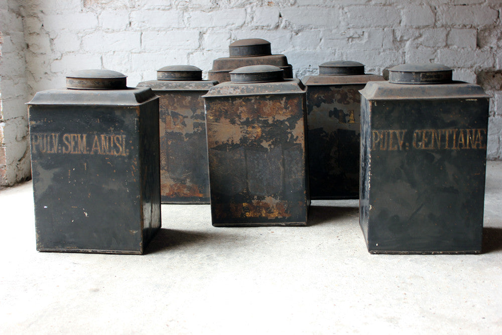 A Decorative Set of Five 19thC Black-Painted Toleware Apothecary Canisters
