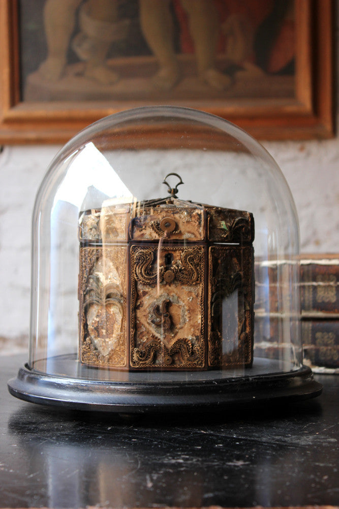 A Distressed George III Rolled Paper Filigree Octagonal Tea Caddy Under a 19thC Glass Dome