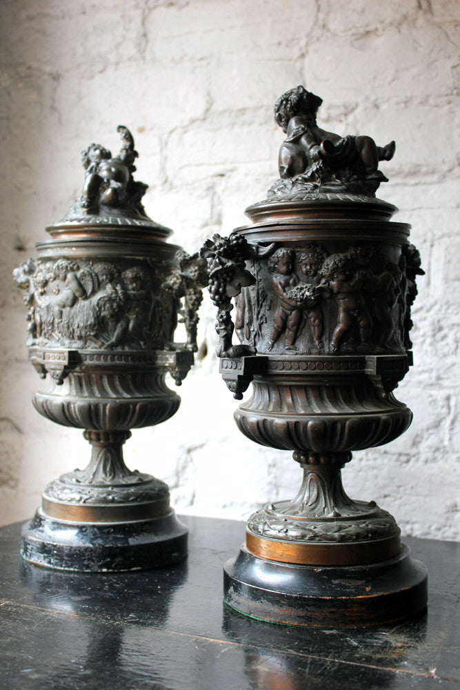A Good Pair of Napoleon III Bronze Urns with Covers After Claude Michel Clodion c.1870