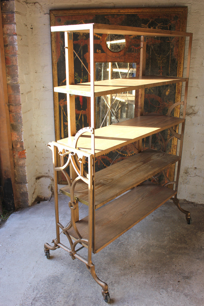 A Good Set of Cast-Iron & Pine Shop Display Metamorphic Table Shelves