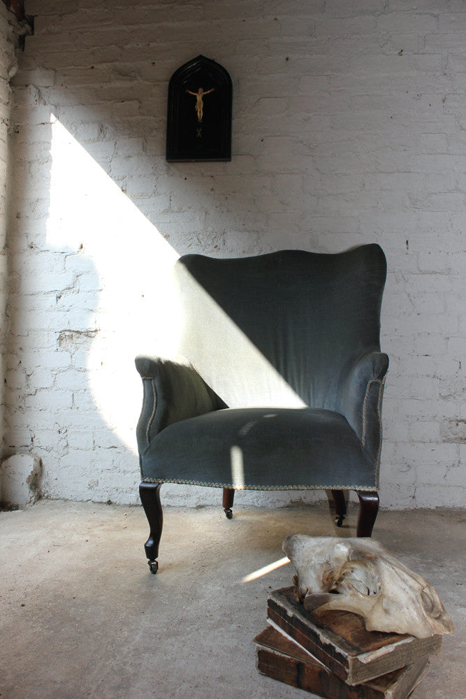 A Good 19thC Powder Blue Velvet Wingback Armchair c.1880