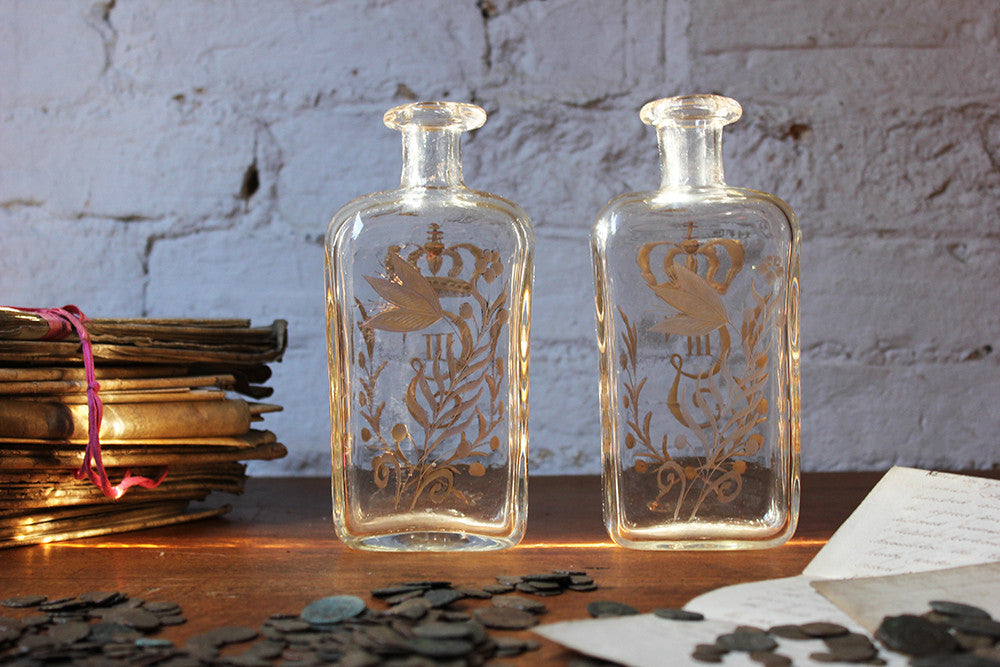 A Beautiful Pair of c.1800 Swedish Glass Flasks 'Brännvinsflaskor ' Gilt Decorated for Gustav III c.1771-92