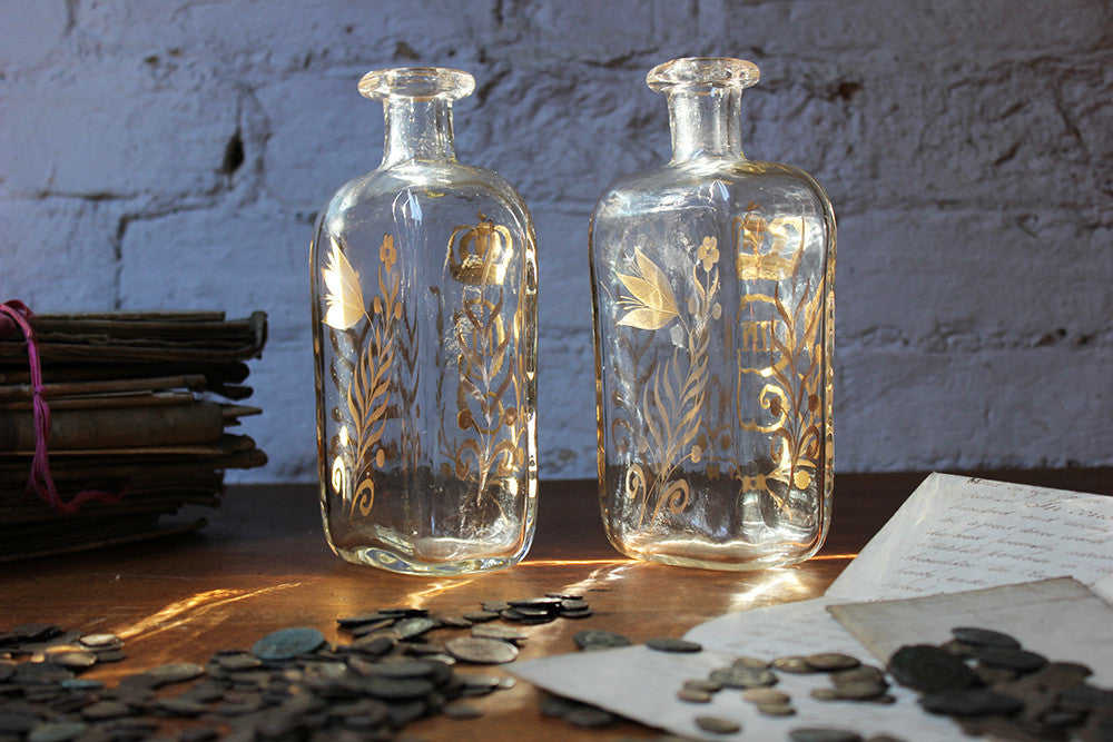 A Beautiful Pair of c.1800 Swedish Glass Flasks 'Brännvinsflaskor ' Gilt Decorated for Gustav III c.1771-92
