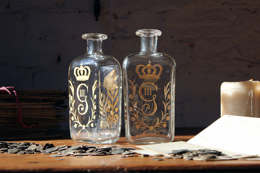 A Beautiful Pair of c.1800 Swedish Glass Flasks 'Brännvinsflaskor ' Gilt Decorated for Gustav III c.1771-92