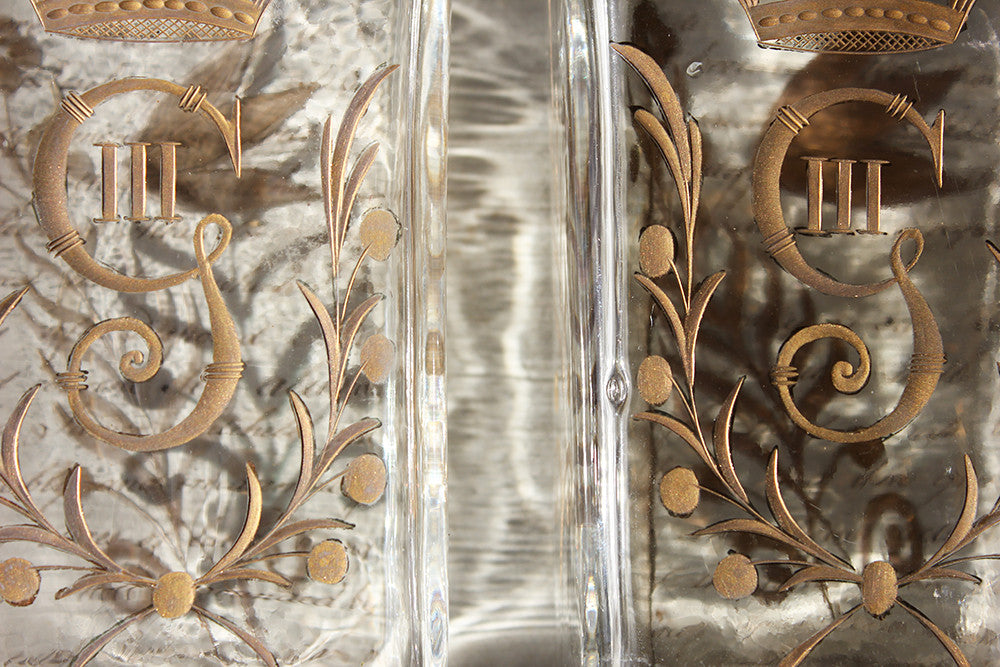 A Beautiful Pair of c.1800 Swedish Glass Flasks 'Brännvinsflaskor ' Gilt Decorated for Gustav III c.1771-92