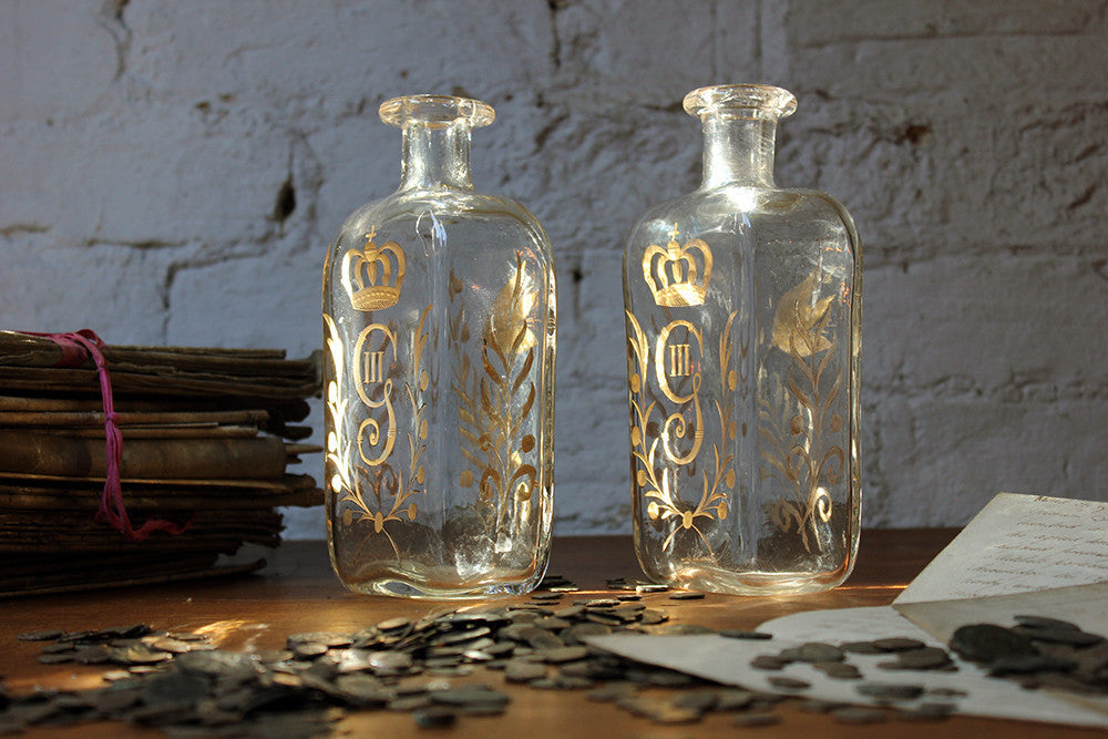 A Beautiful Pair of c.1800 Swedish Glass Flasks 'Brännvinsflaskor ' Gilt Decorated for Gustav III c.1771-92