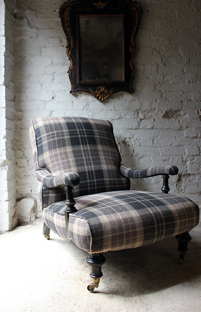 A Good Ebonised & Tartan Upholstered Victorian Armchair in the Howard Style c.1880
