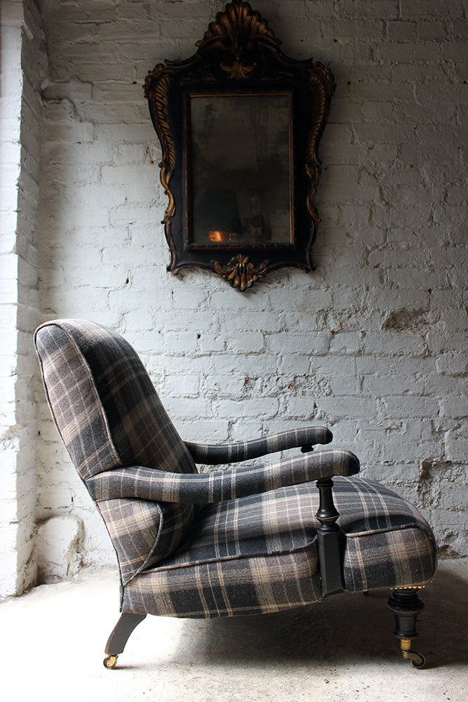 A Good Ebonised & Tartan Upholstered Victorian Armchair in the Howard Style c.1880