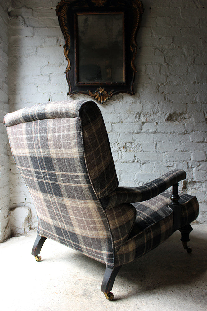 A Good Ebonised & Tartan Upholstered Victorian Armchair in the Howard Style c.1880