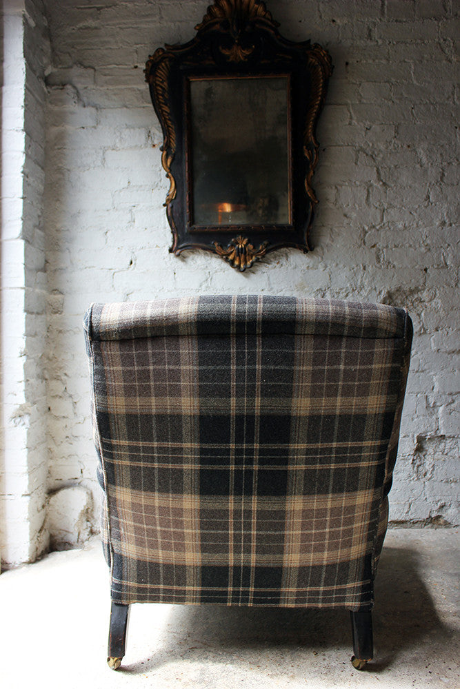 A Good Ebonised & Tartan Upholstered Victorian Armchair in the Howard Style c.1880
