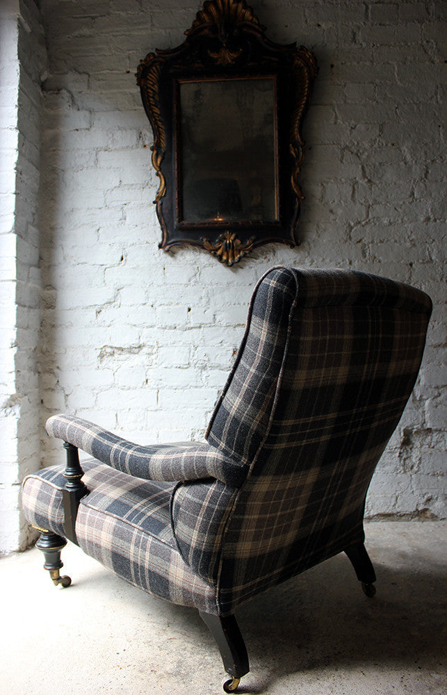 A Good Ebonised & Tartan Upholstered Victorian Armchair in the Howard Style c.1880