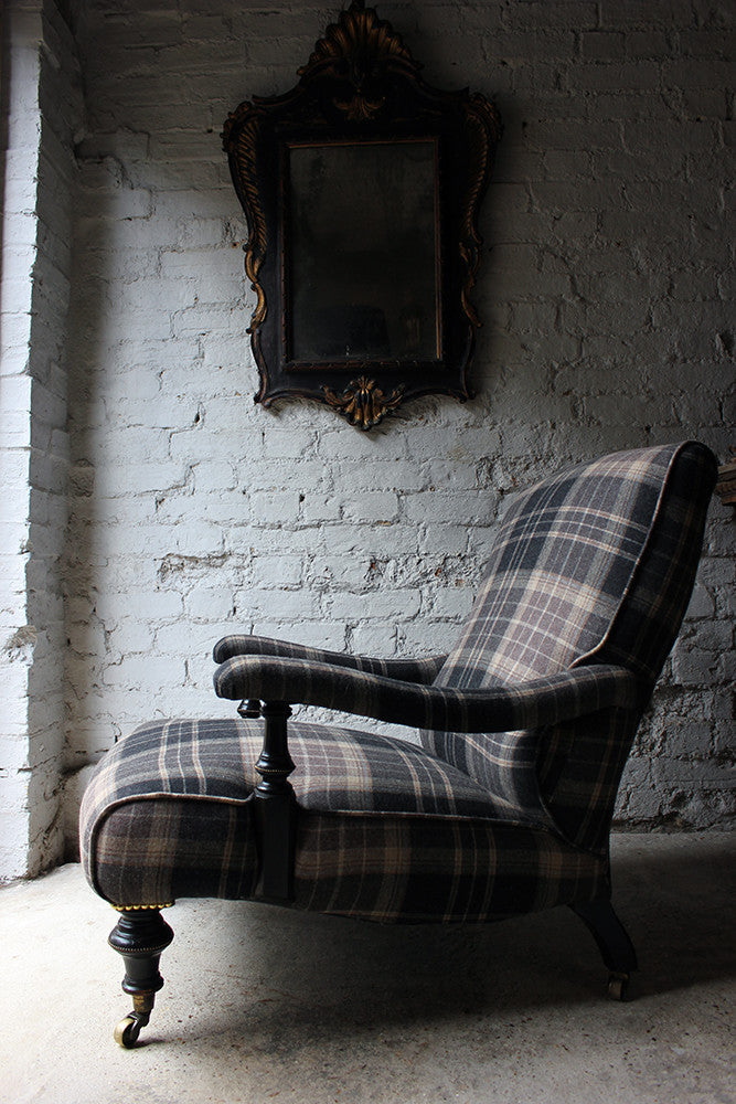 A Good Ebonised & Tartan Upholstered Victorian Armchair in the Howard Style c.1880