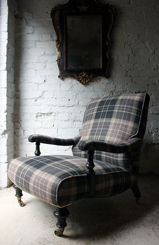 A Good Ebonised & Tartan Upholstered Victorian Armchair in the Howard Style c.1880