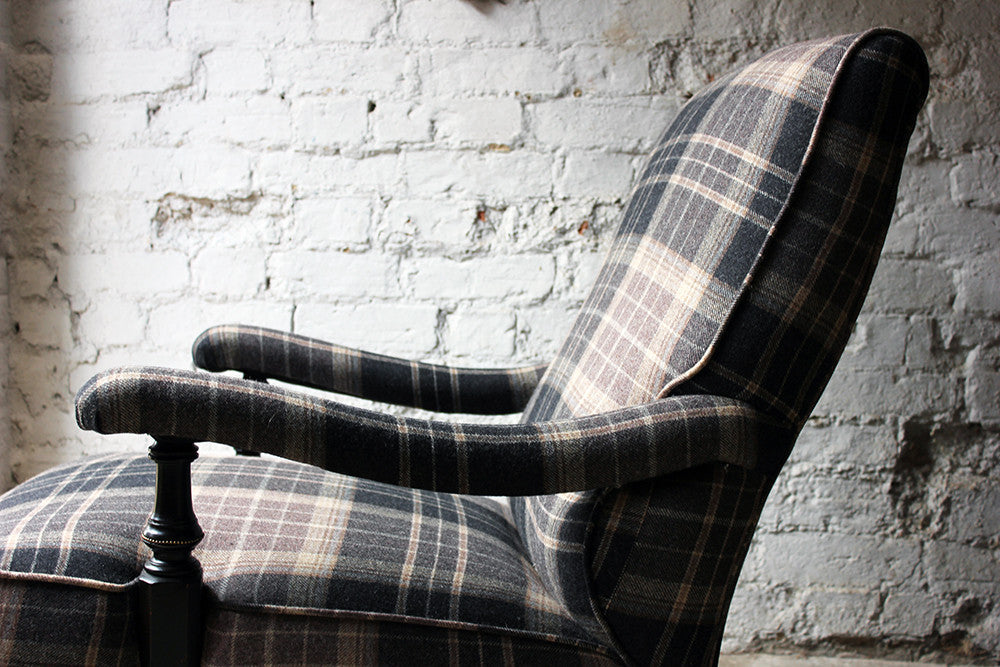 A Good Ebonised & Tartan Upholstered Victorian Armchair in the Howard Style c.1880