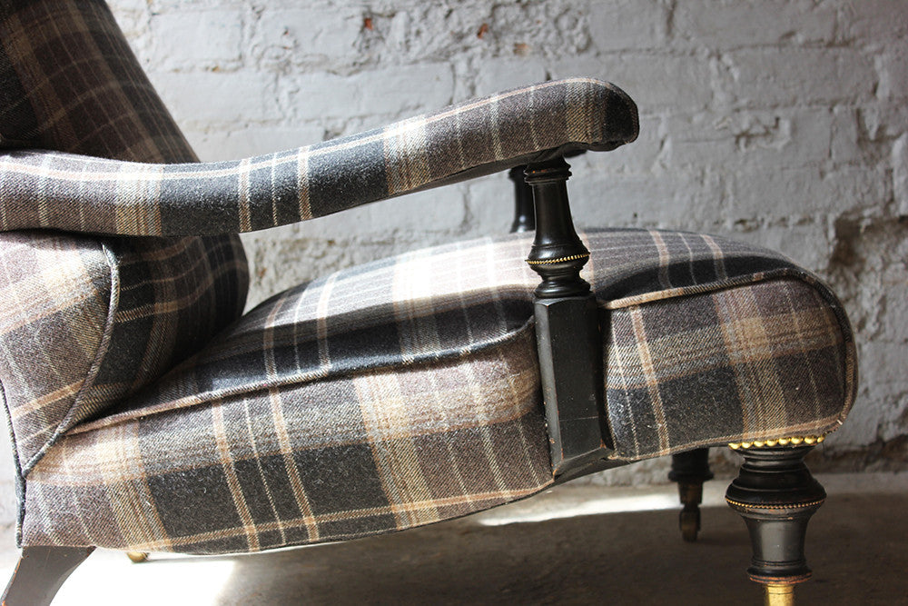 A Good Ebonised & Tartan Upholstered Victorian Armchair in the Howard Style c.1880