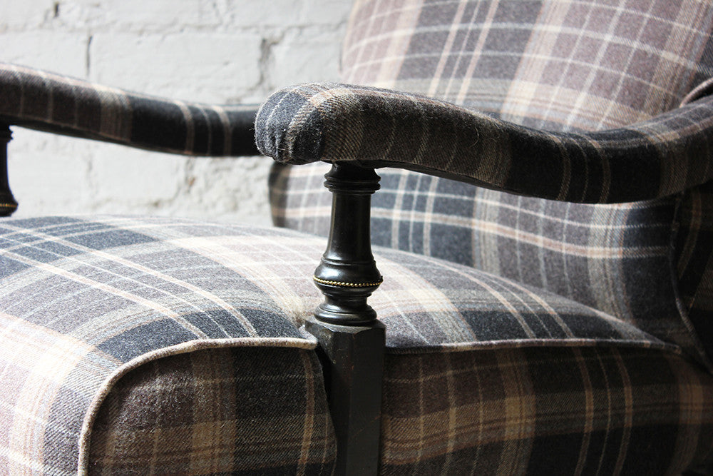 A Good Ebonised & Tartan Upholstered Victorian Armchair in the Howard Style c.1880