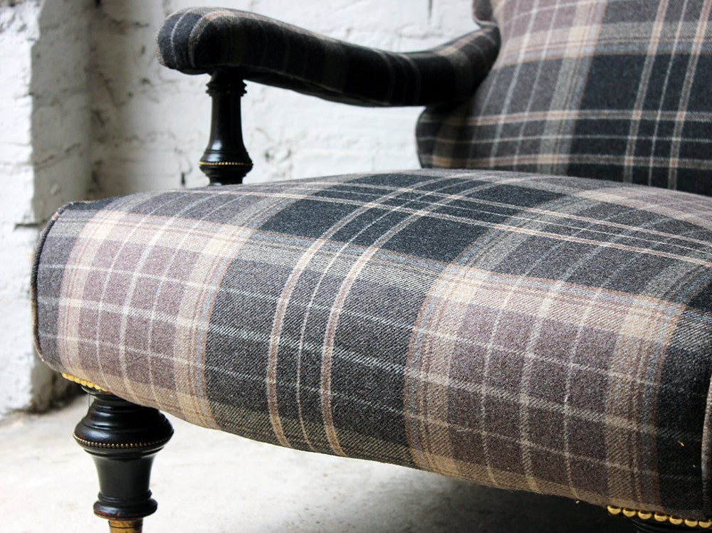 A Good Ebonised & Tartan Upholstered Victorian Armchair in the Howard Style c.1880