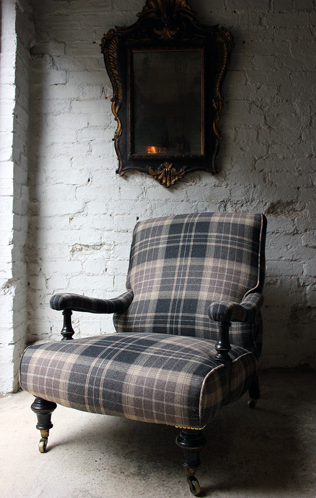 A Good Ebonised & Tartan Upholstered Victorian Armchair in the Howard Style c.1880