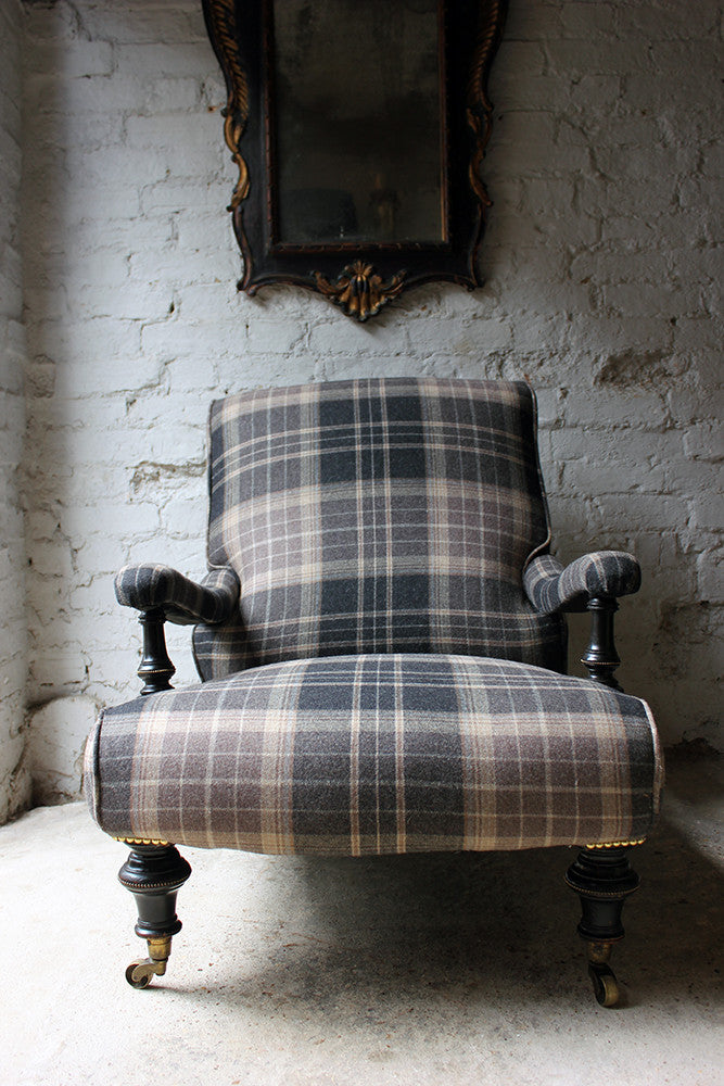 A Good Ebonised & Tartan Upholstered Victorian Armchair in the Howard Style c.1880